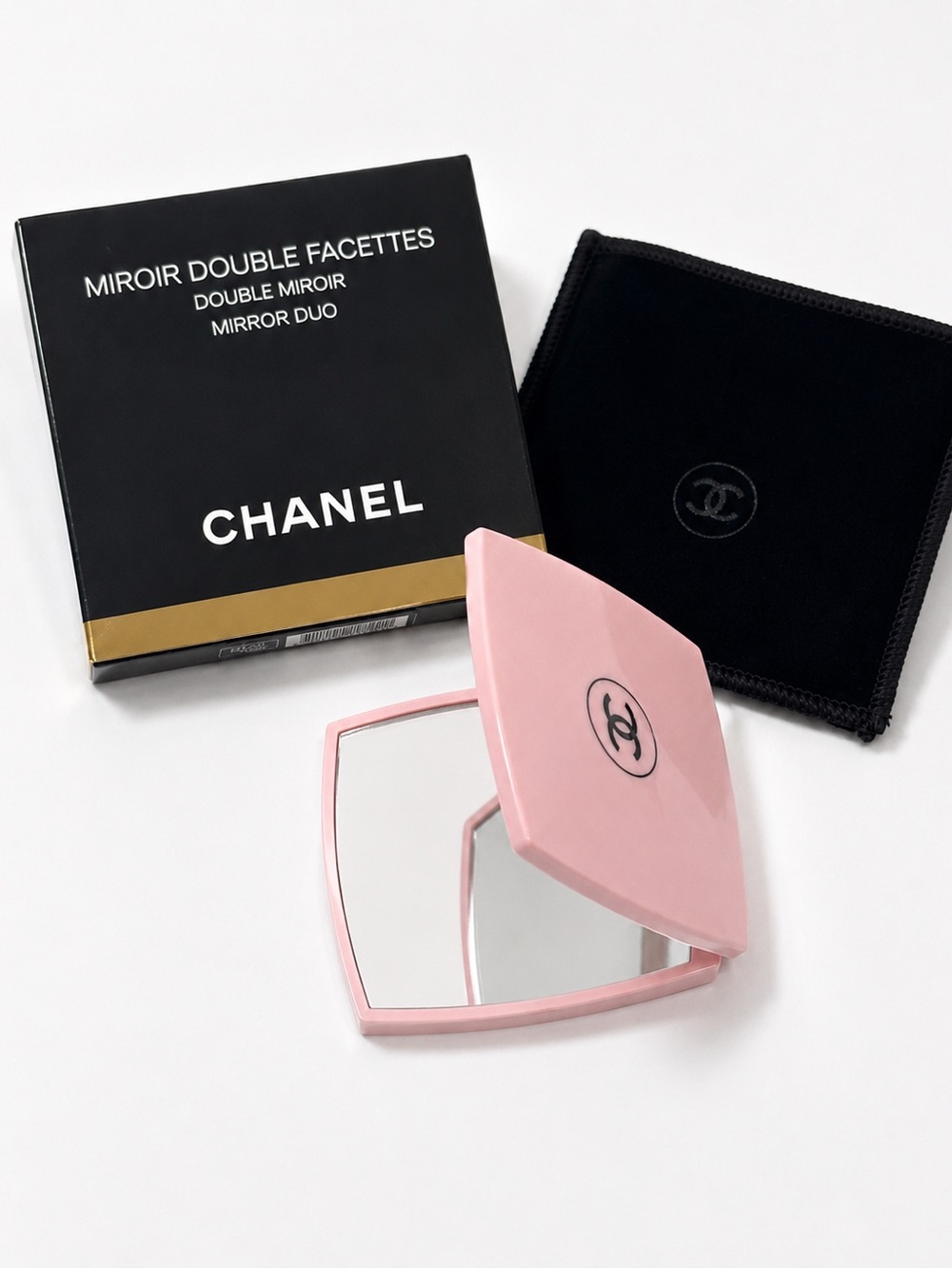 CHANEL Pink Compact Double Mirror with Black Velvet Pouch